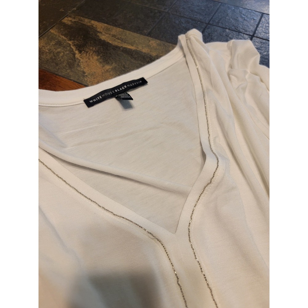 White House Black Market Long Sleeve Silver Bead Trim Blouse Long‎ Length Large - Picture 8 of 11